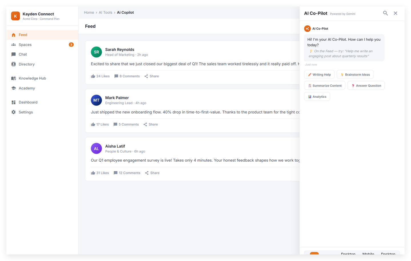 Kayden Connect AI Copilot answering a question with a cited knowledge-hub article