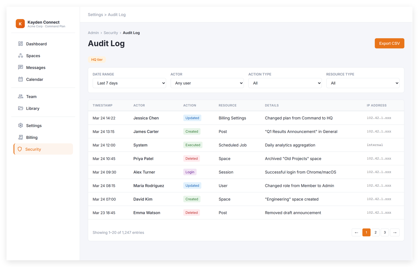 Audit log with timestamped actions