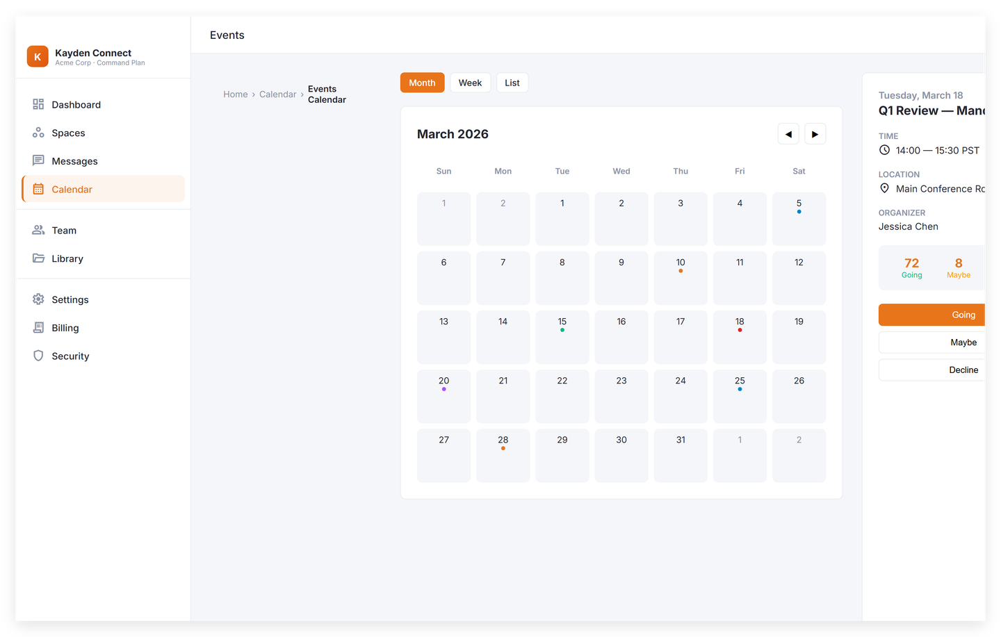 Virtual events calendar across timezones