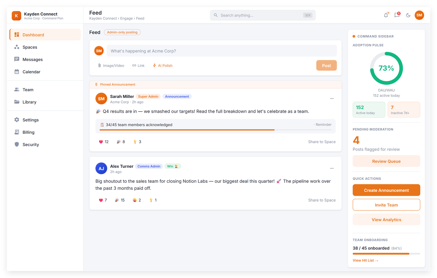 Kayden Connect Engage feed: left nav, chronological post stream with a pinned announcement, right rail with adoption pulse and quick actions.