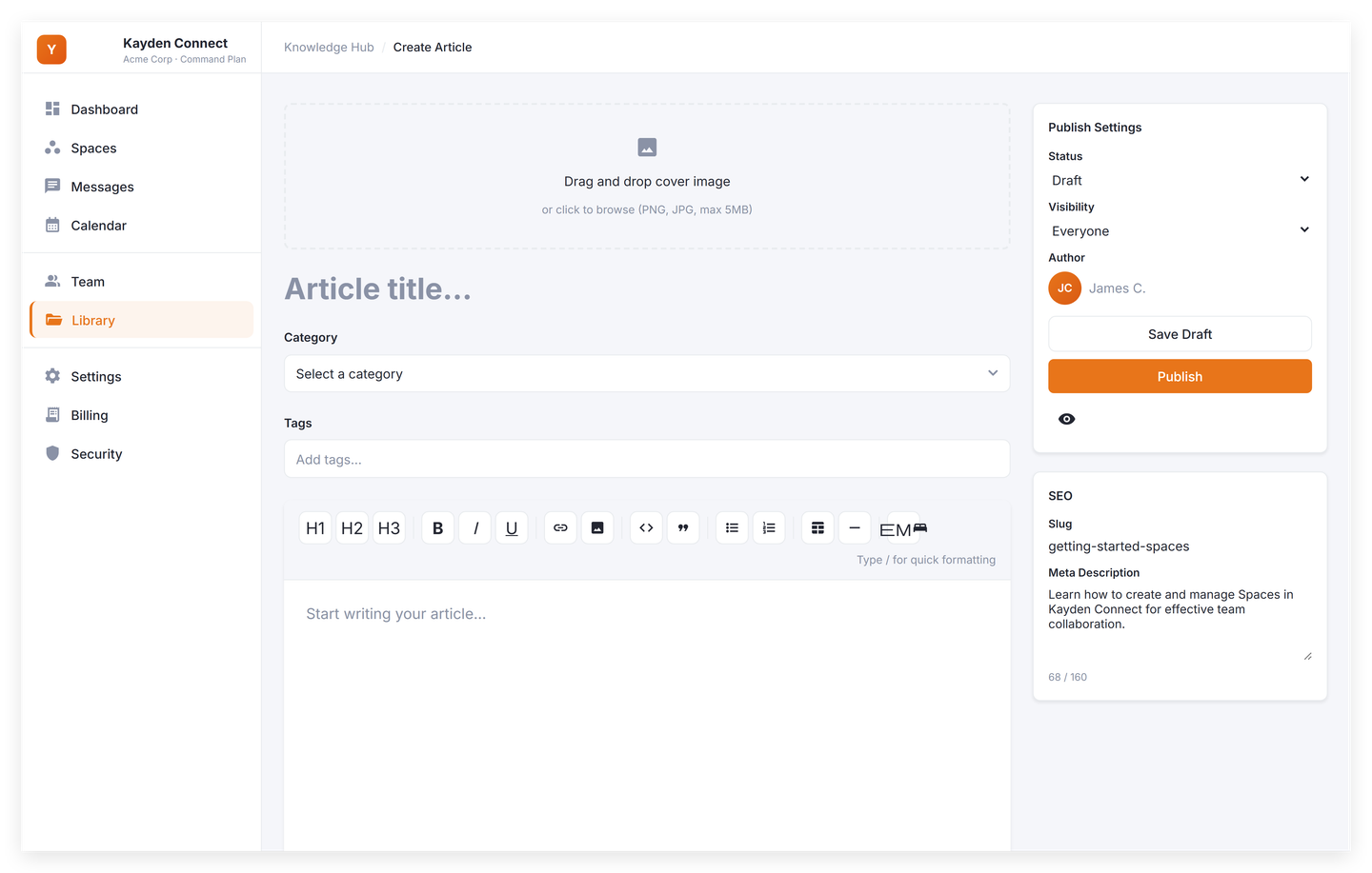 Knowledge Hub block editor showing the article title field at the top, a horizontal formatting toolbar with heading, list, image, code, and embed buttons, and a rich-text content body with a callout block and an image placeholder.
