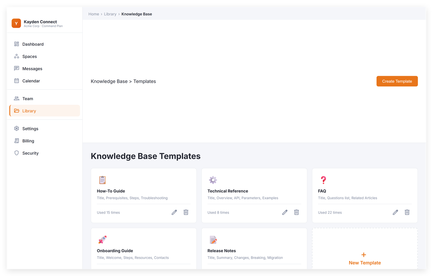 Knowledge Hub templates picker with a 3-column grid of template cards. Each card shows an emoji icon, the template name, a one-line description, and a usage count. A dashed "New Template" tile sits in the last position.