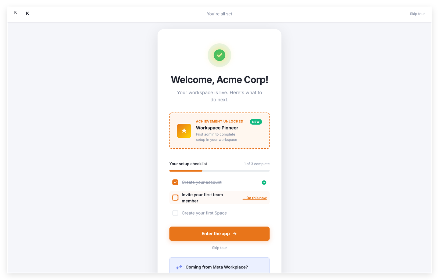 Onboarding completion screen with progress milestones