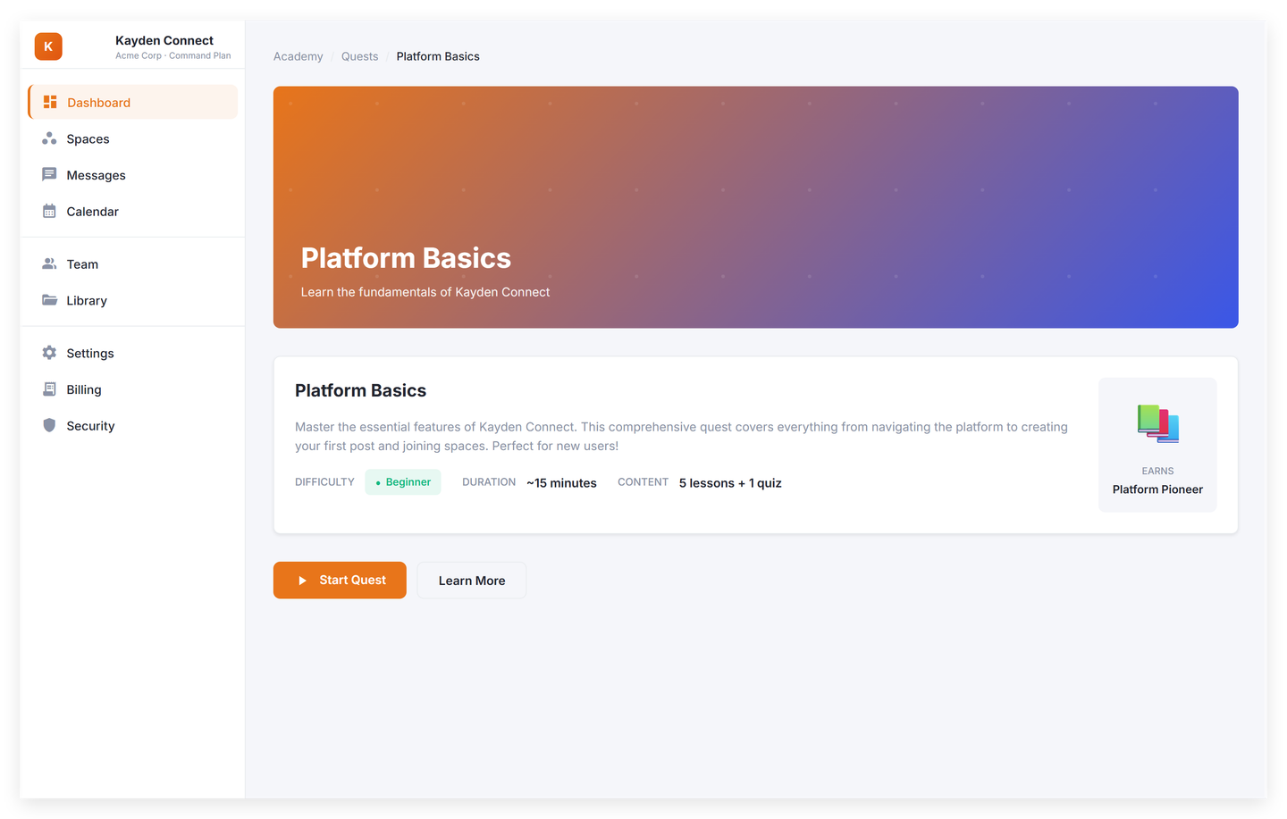 Quest detail view with day-by-day onboarding tasks