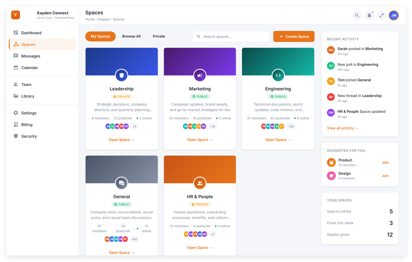 My Spaces view with a search bar, My Spaces and Browse All tabs, a grid of department Space cards, and the orange Create Space button at the top right.