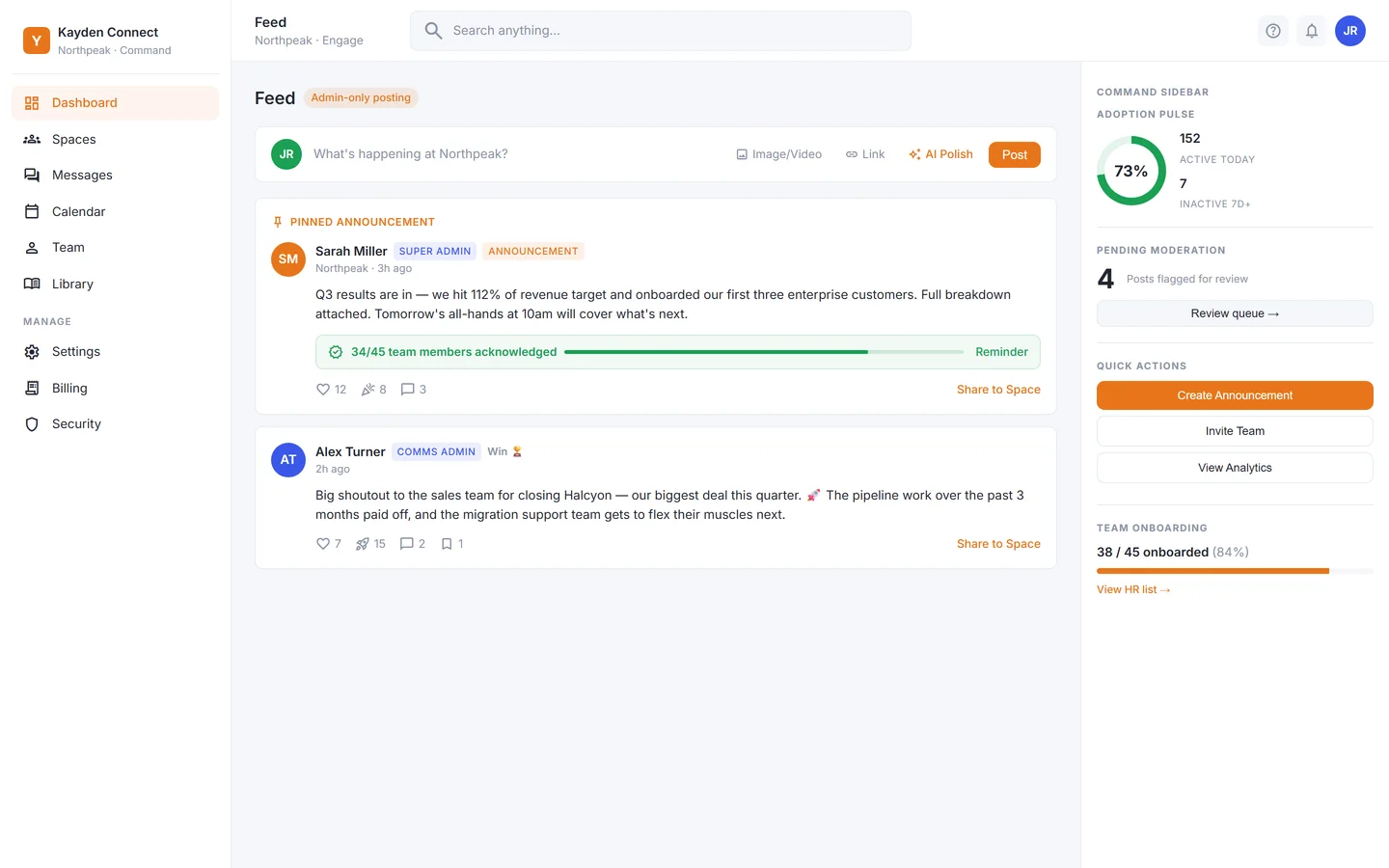 Kayden Connect dashboard showing a pinned announcement with 73% team acknowledgement, kudos activity, and sentiment metrics