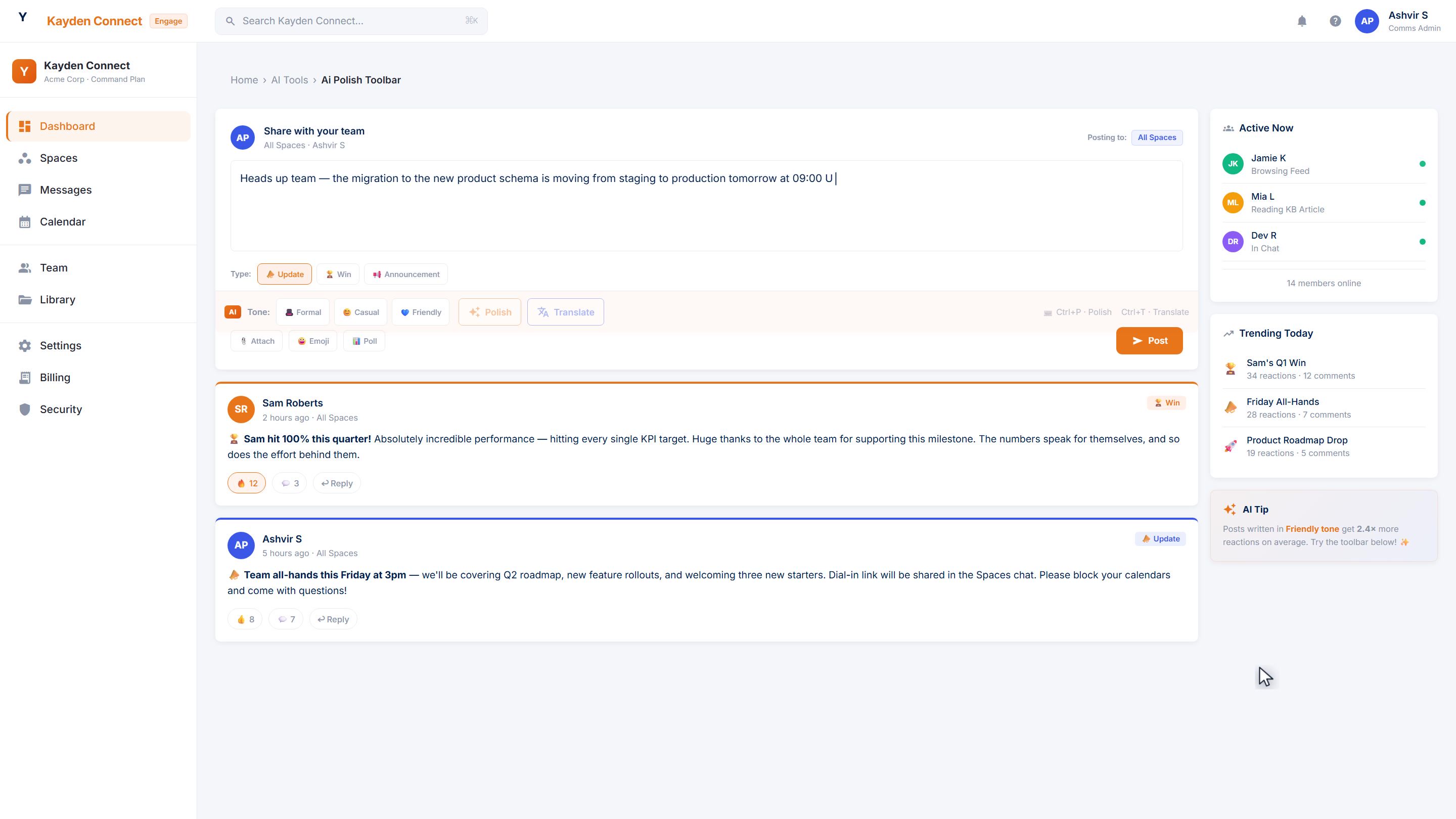 Composer with the AI Polish toolbar showing Polish, Shorten, Lengthen, Translate, and Simplify actions over a draft post.