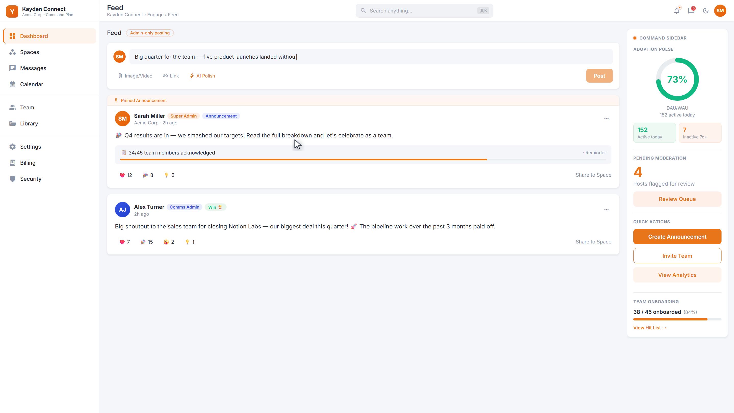 Kayden Connect feed with a pinned announcement, team Win, and reactions in a desktop browser.