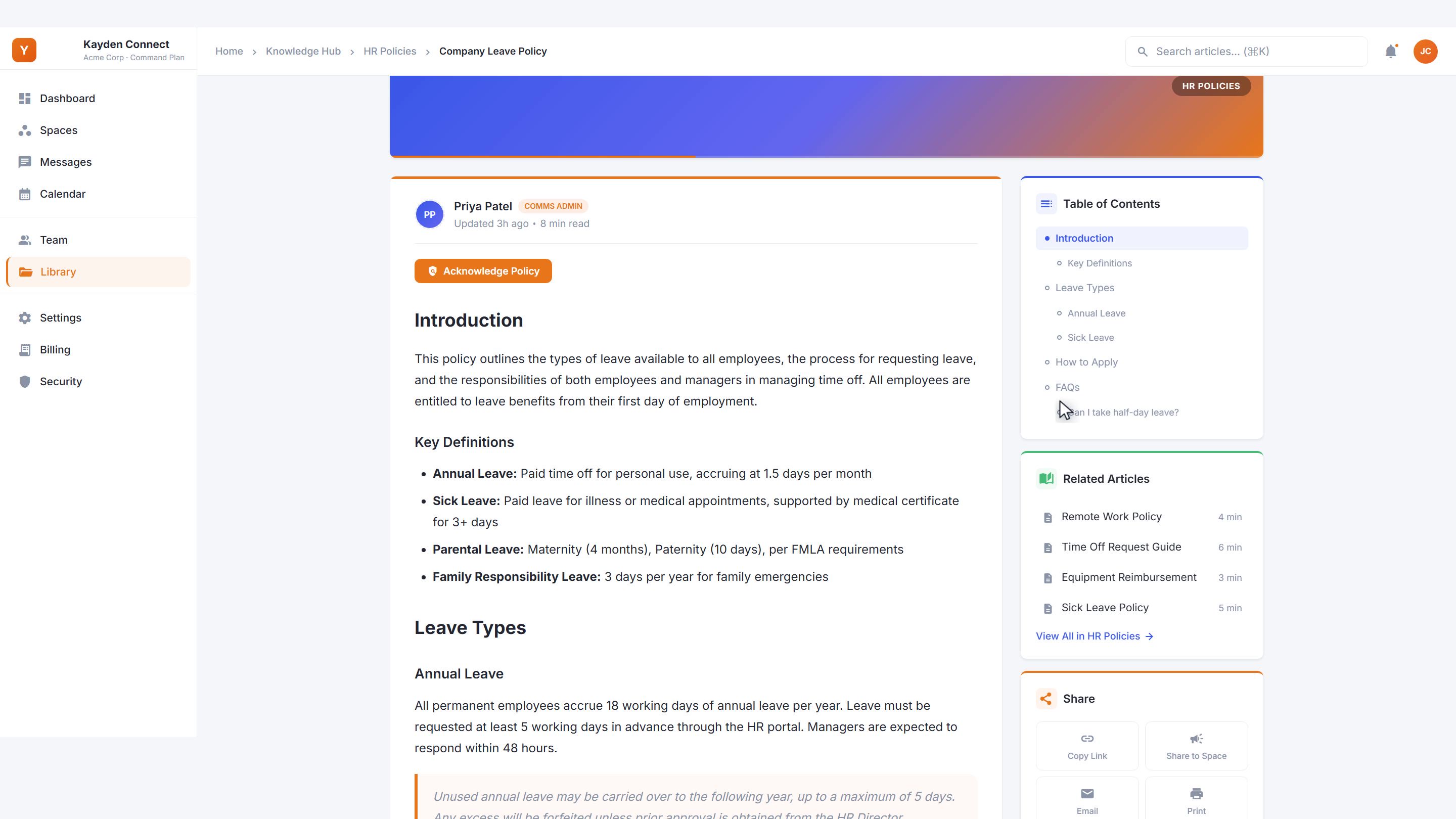 Knowledge Hub article view with a sidebar table of contents, an Acknowledge Policy CTA, and richly formatted block content.
