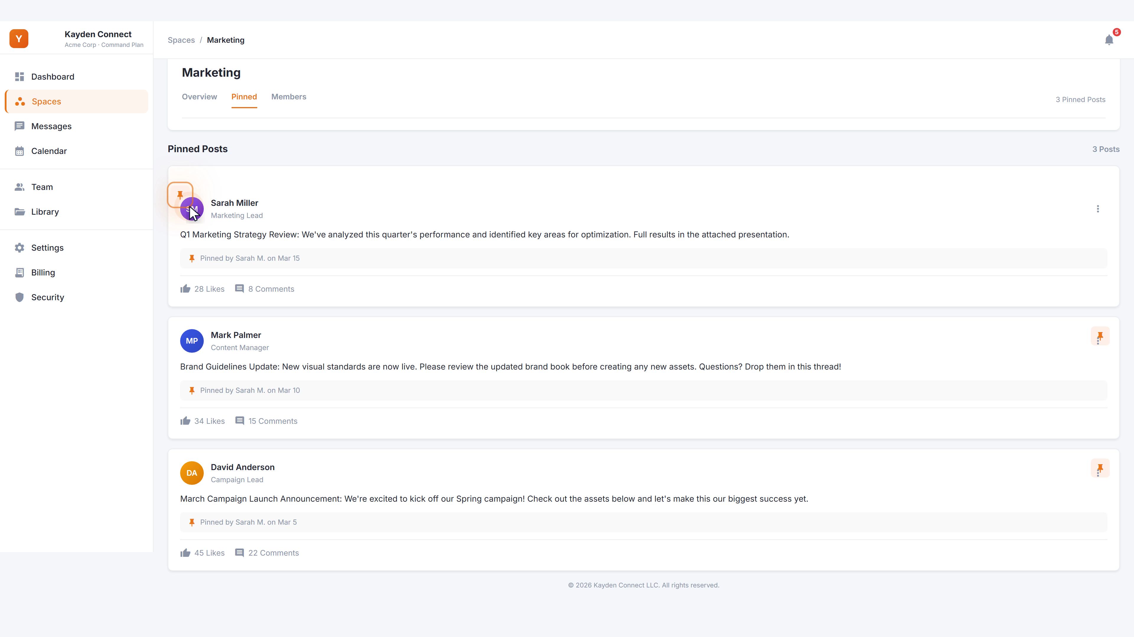 Admin Pinned Posts panel: a cursor walks the three posts at the top of the Marketing Space feed, with each pin icon briefly highlighting as the cursor lands on it.