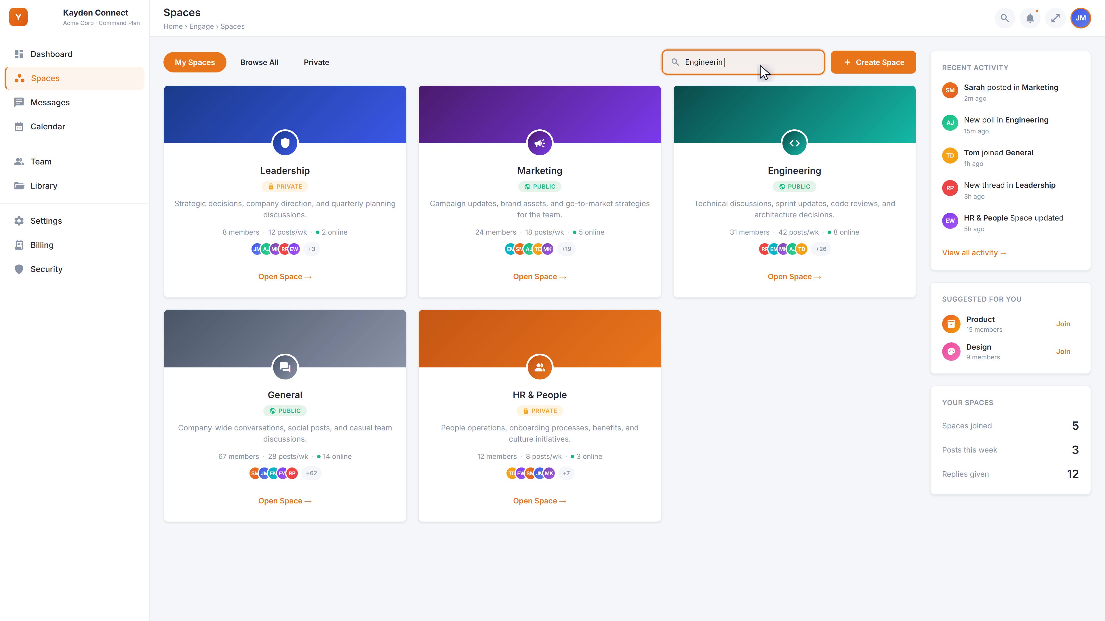 My Spaces view: a cursor focuses the search bar and types 'Engineering', switches the tab from My Spaces to Browse All, lifts the Engineering Space card, then presses the orange Create Space button at the top right.