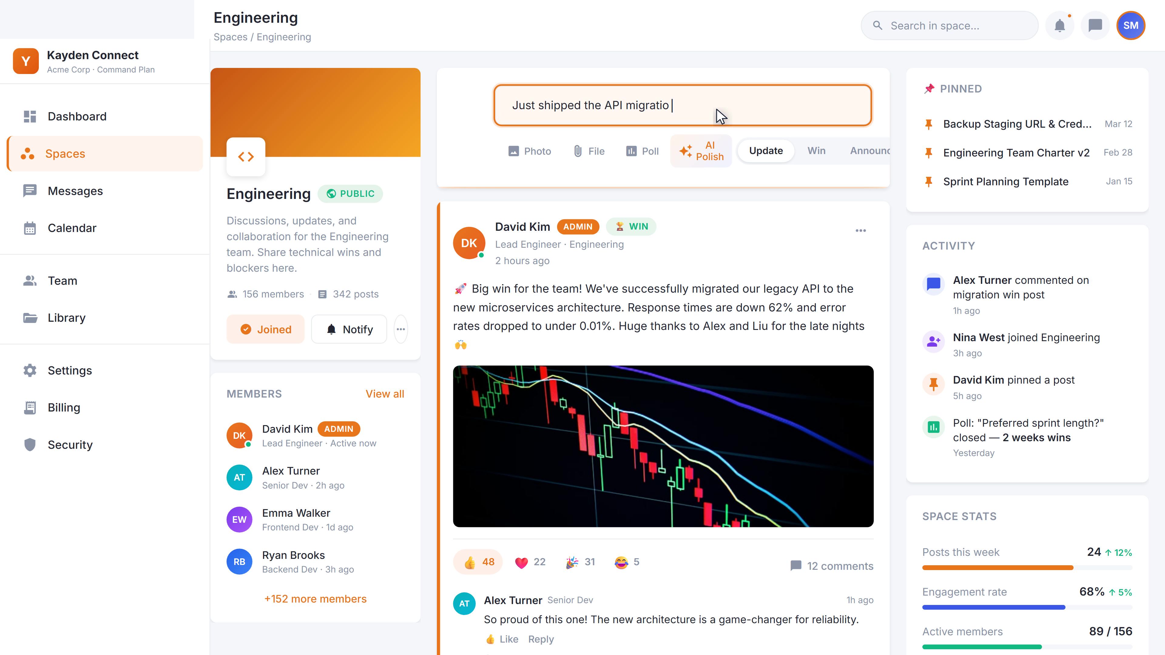 Engineering Space view: a cursor lands on the post composer at the top, then drops down to a reaction button on the first post, then opens the threaded comments beneath.